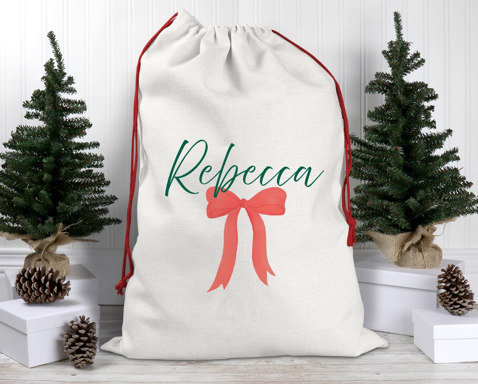 Personalised christmas red bow present sack christmas eve box personalised santa sack first christmas giftpersonalised christmas stocking