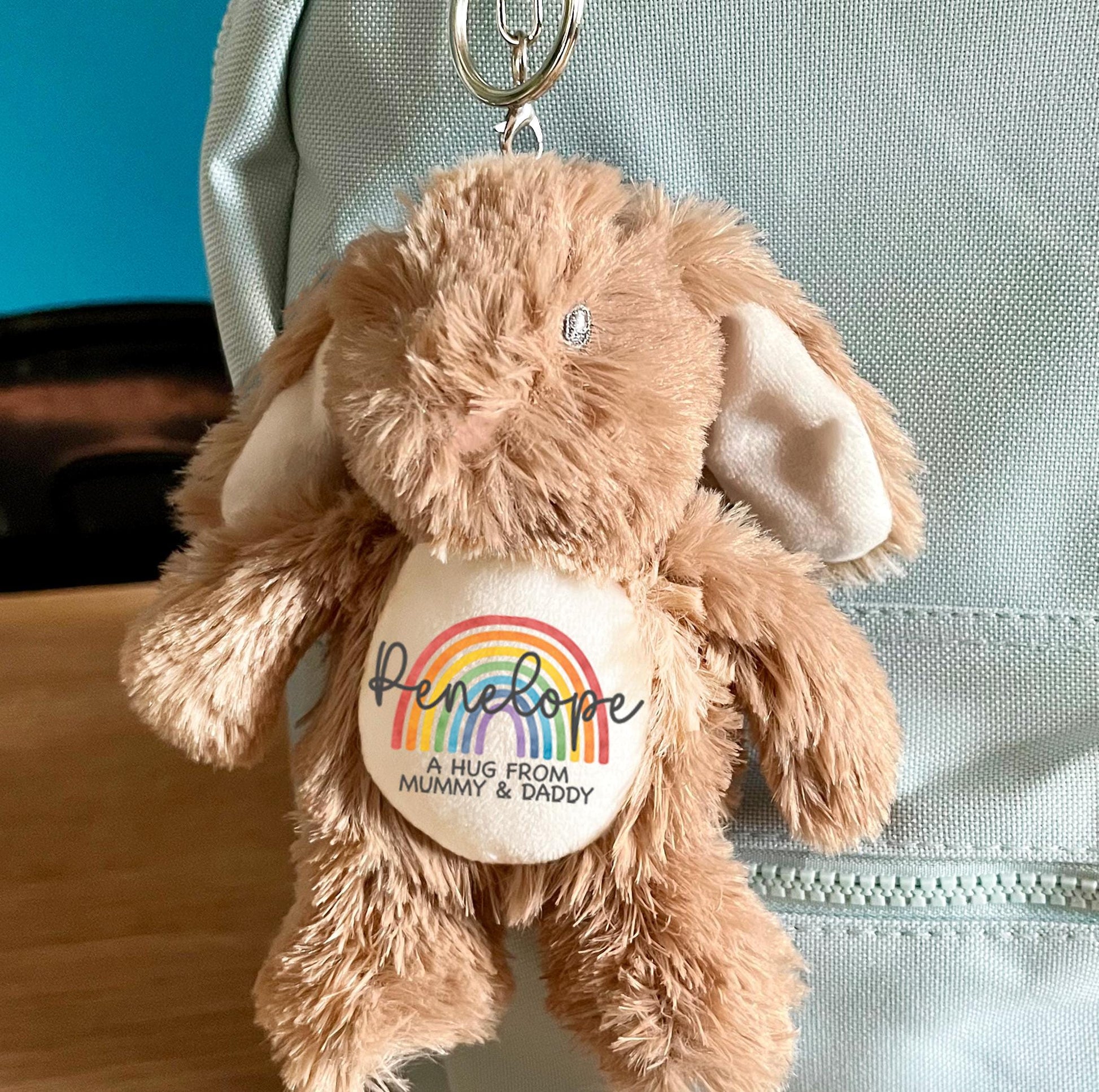 Personalised back to school hug from mummy teddy keyring, A hug from mummy and daddy preschool keyring, A hug from nursery keyring