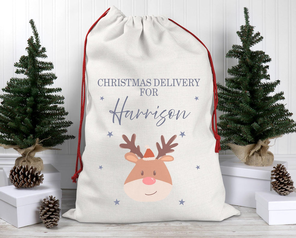 Personalised christmas reindeer sack stocking gift bag xmas christmas eve box personalised santa sack first christmas gift