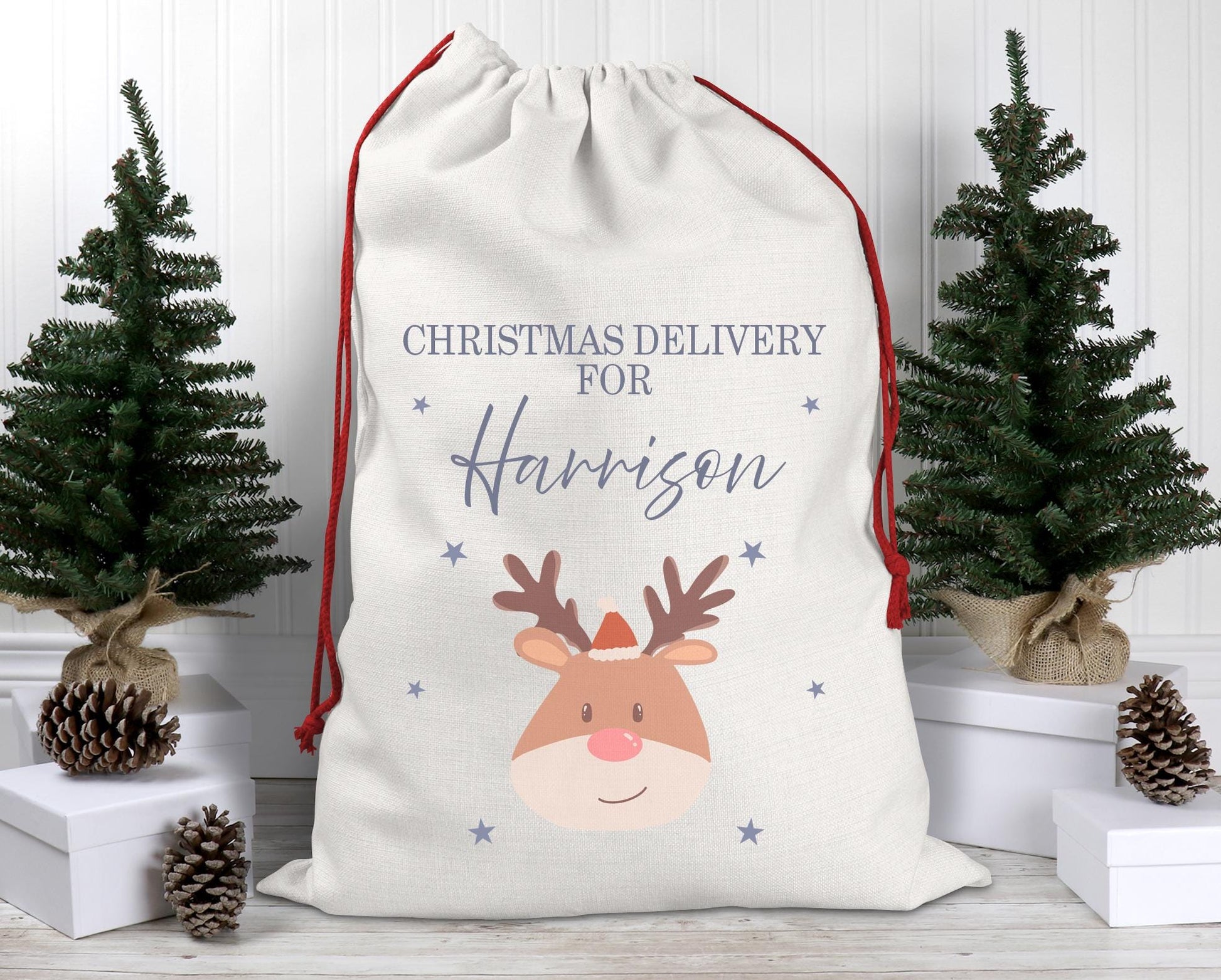 Personalised christmas reindeer sack stocking gift bag xmas christmas eve box personalised santa sack first christmas gift