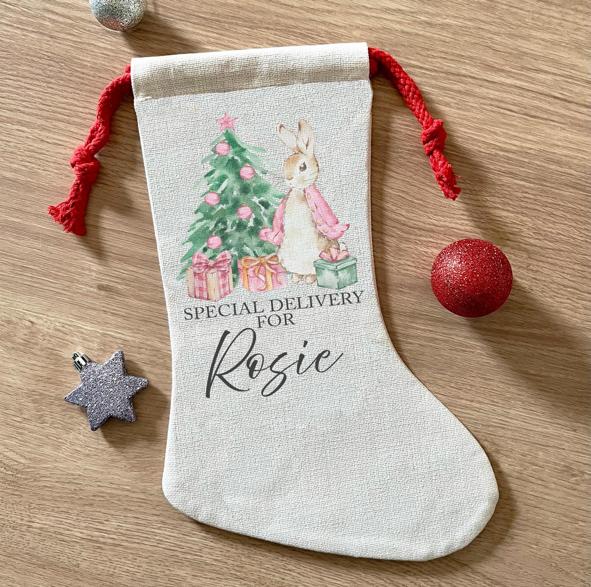 Personalised christmas pink rabbit girl family sack stocking xmas christmas eve box personalised santa sack first christmas gift