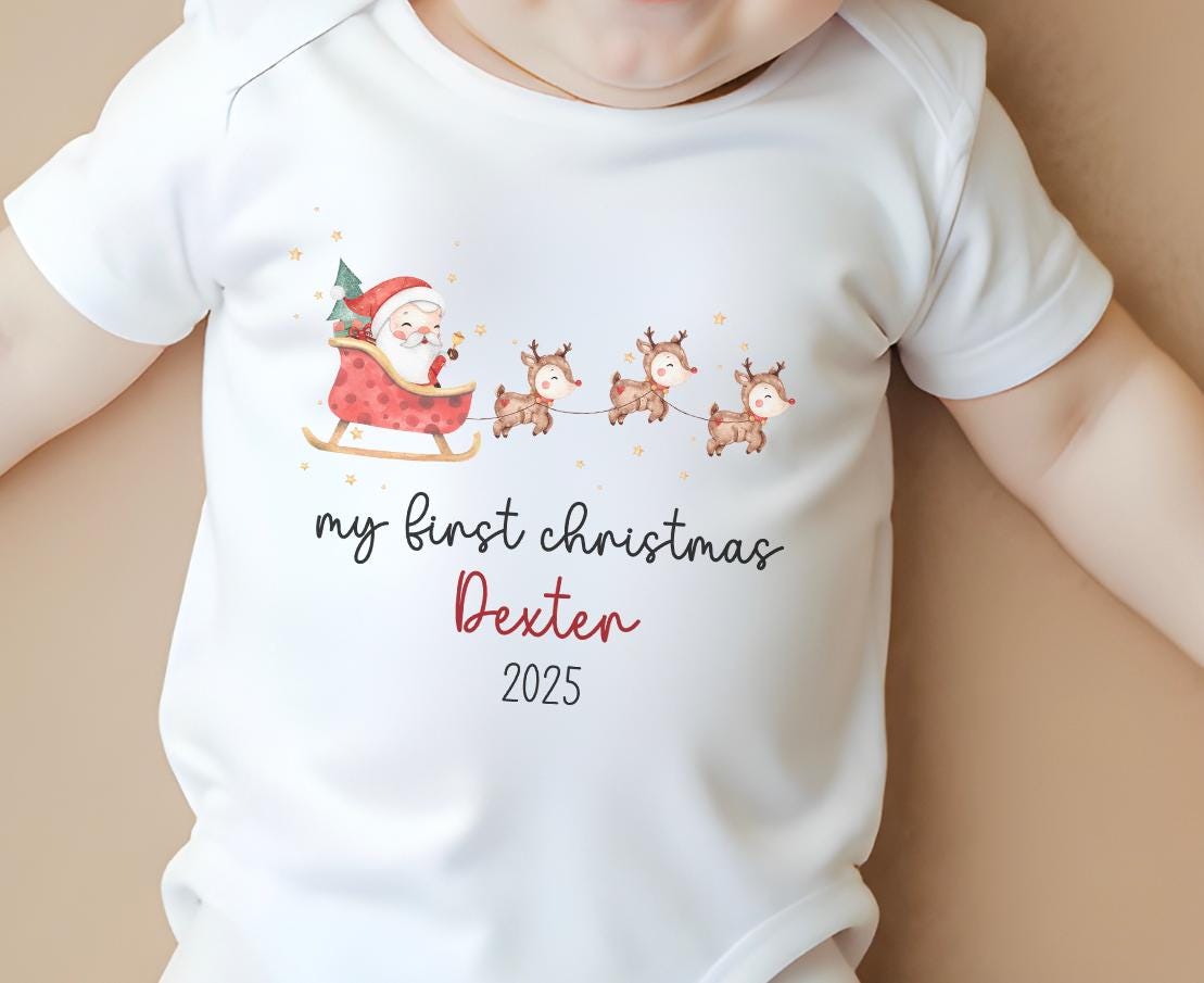 My 1st Christmas Baby Grow Personalised, Santa Reindeer Cute Vest, Sleepsuit, Romper, Bib Unisex Babygrow, Christmas Outfit, Baby Gift