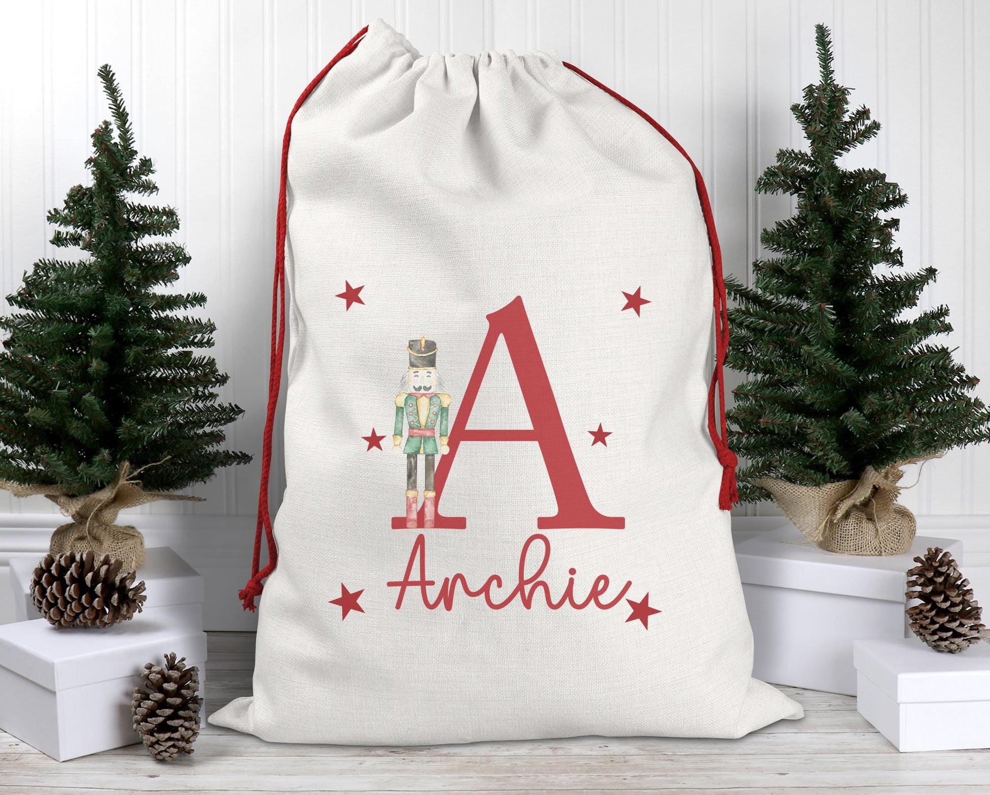 Personalised christmas initial nutcracker christmas eve present sack stocking xmas modern christmas eve box personalised santa sack