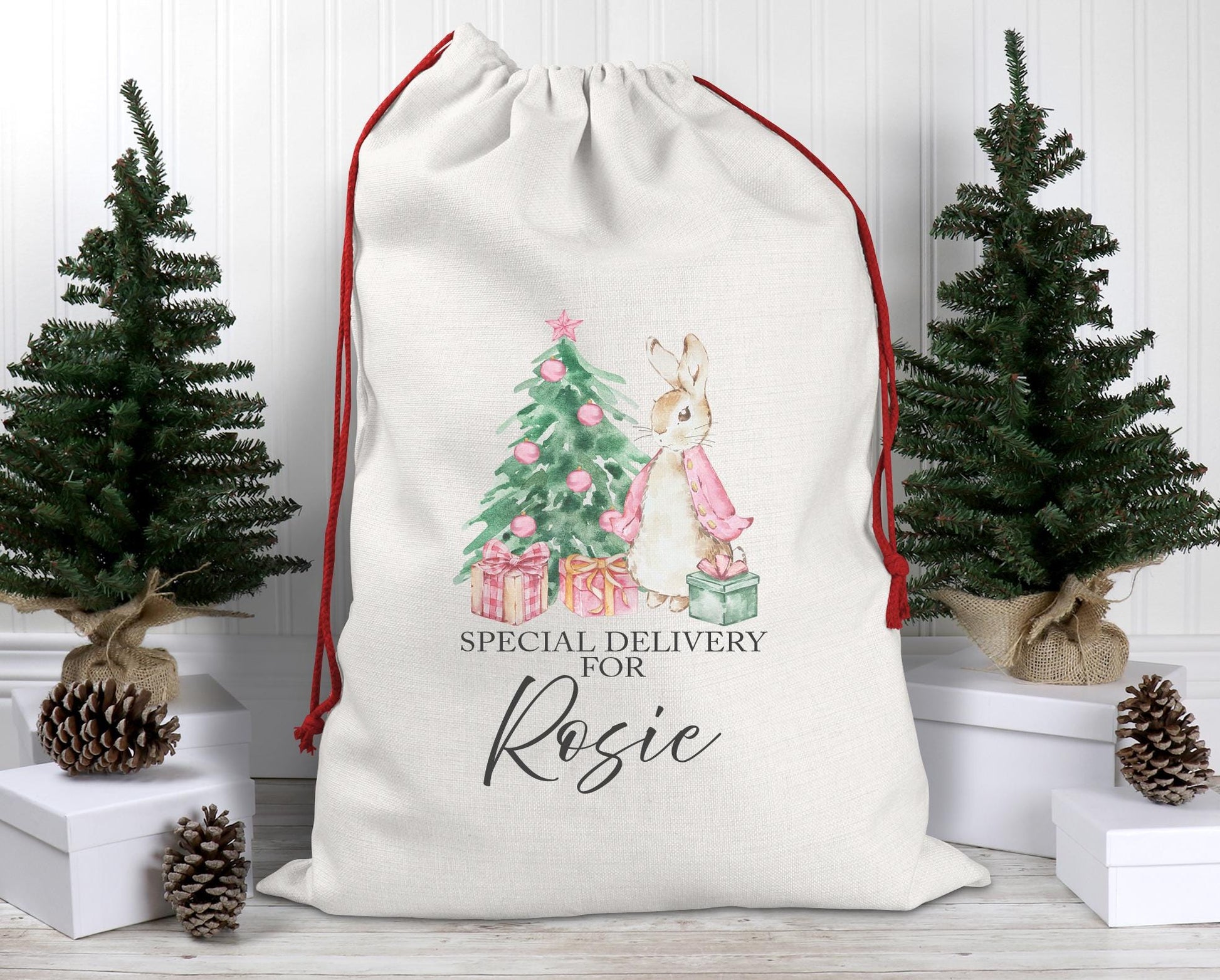 Personalised christmas pink rabbit christmas eve present  sack christmas eve box personalised santa sack first christmas gift